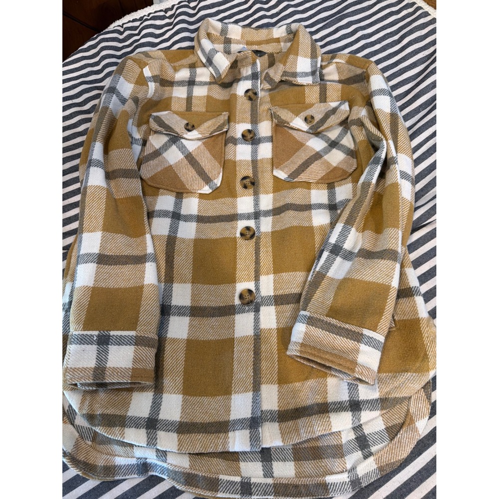 Plaid Shacket Mustard Yellow Cream Flannel Shirt Jacket Button Down Small